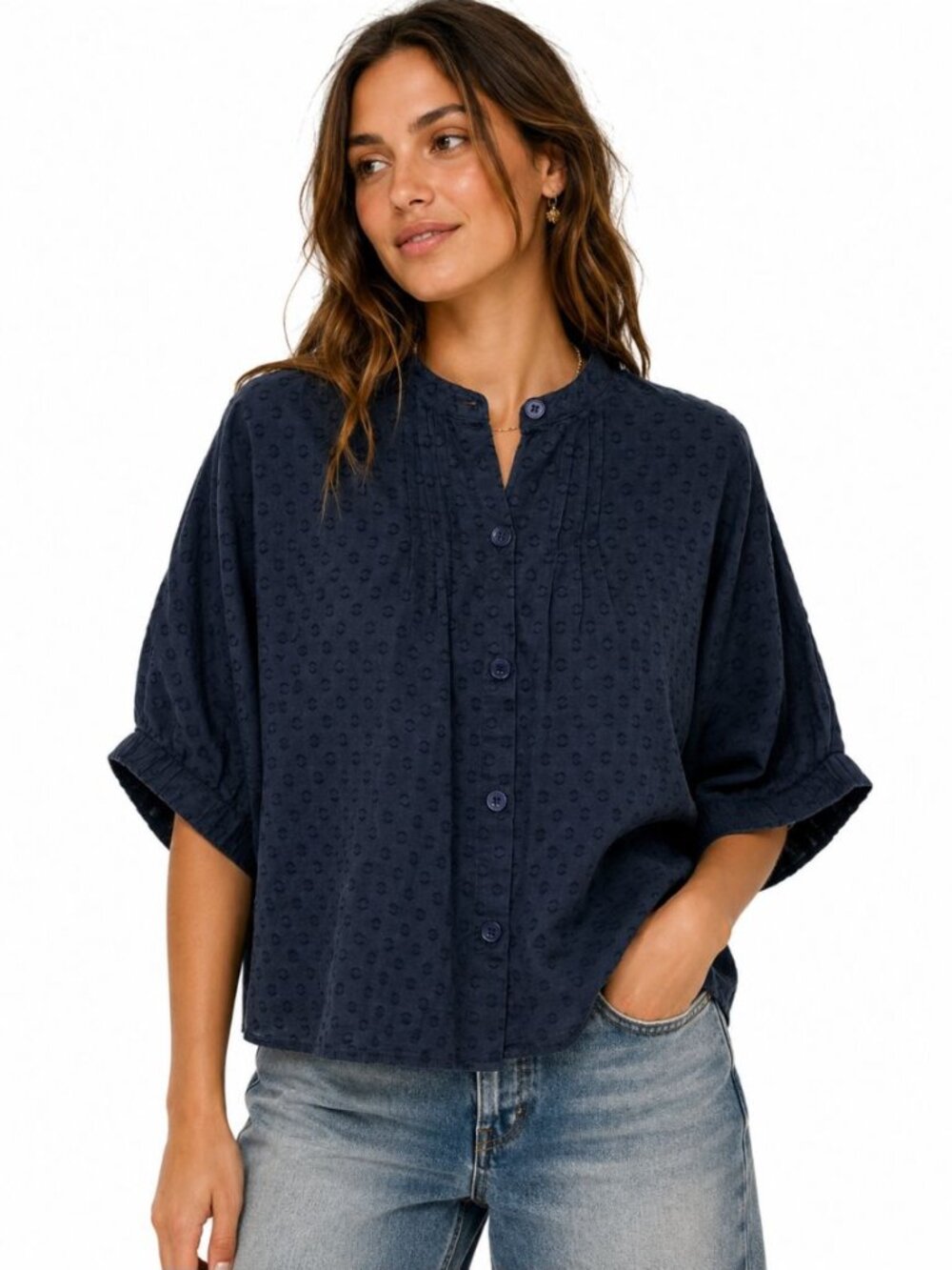 Emerson Fry India Collection Navy Mandarin Collar Top Maritime Swiss Dot Size OS